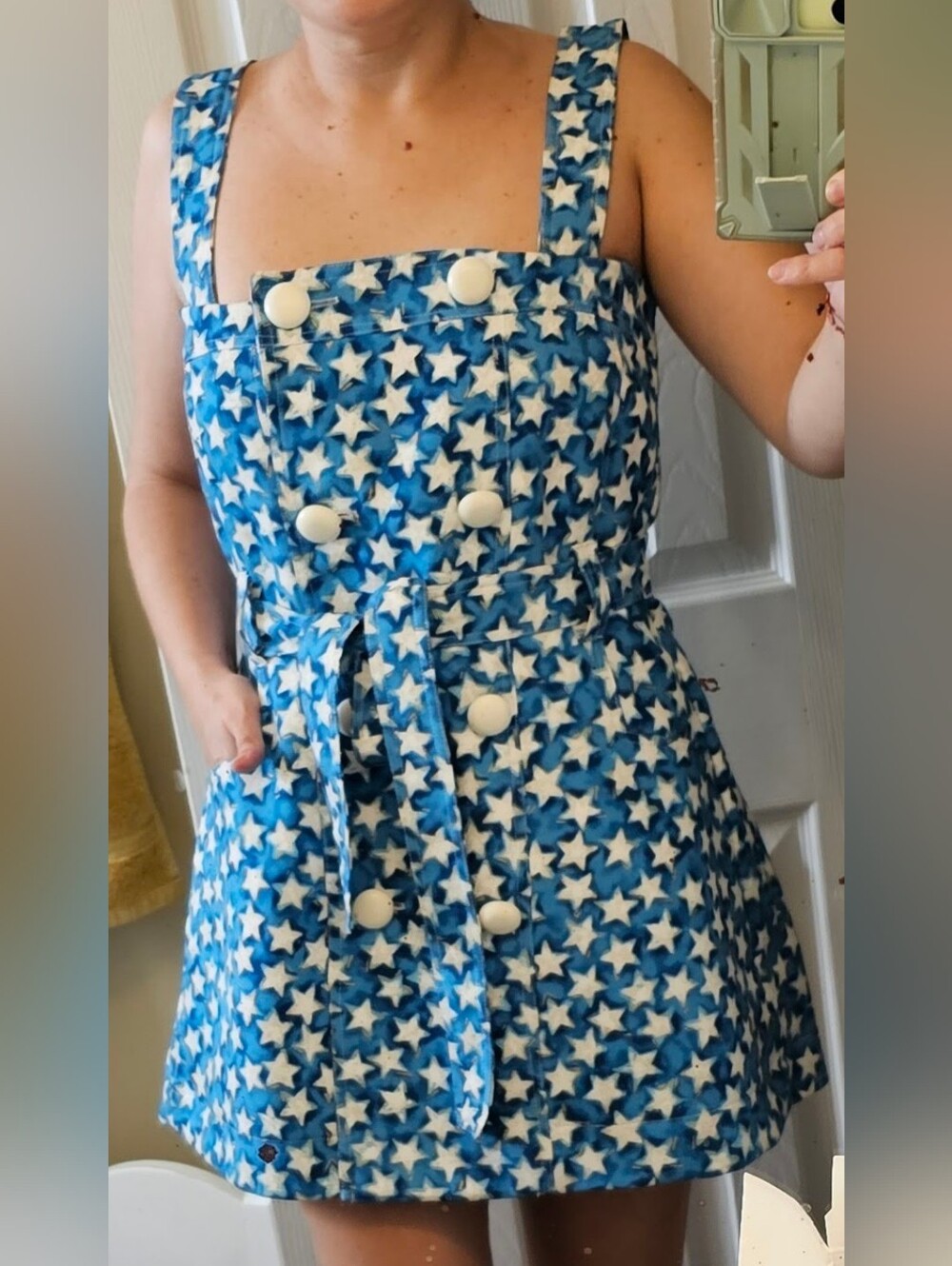 CELINE White Stars on Blue Cotton Mini Dress with Straps and Buttons Down Size S